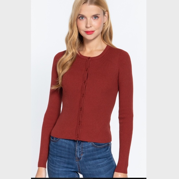 Cardigan Sweater Ribbed Knit Crew Neck Button Down Brick Red Size Small NWT - Picture 1 of 4